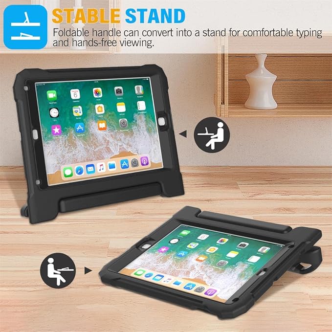 SUPLIK Kids Case for iPad 5th/6th Generation (9.7 inch, 2017/2018), iPad Air 1 & Air 2 & Pro 9.7 Case with Screen Protector, Durable Shockproof Kids Cover with Handle Stand, Black
