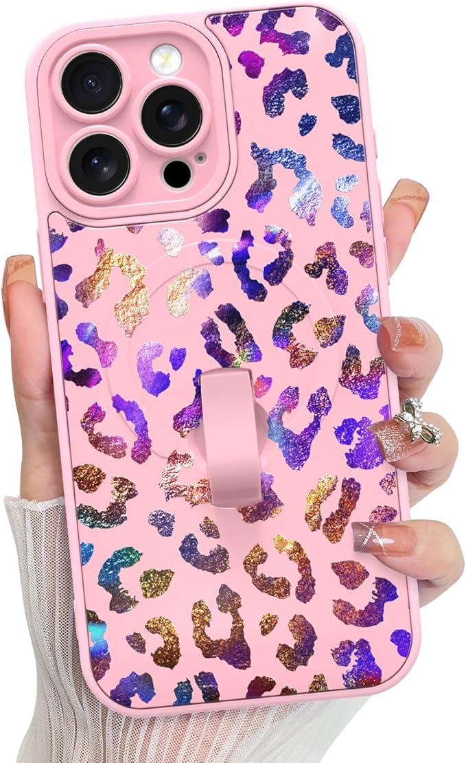 KANGHAR Compatible with iPhone 15 Pro Case, Support for MagSafe, Silicone Cute Iridescent Leopard Cheetah Pattern, Wristband Kickstand Shockproof Protective Slim Cover for Women Girls, Pink
