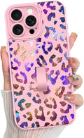 KANGHAR Compatible with iPhone 15 Pro Max Case, Support for MagSafe, Silicone Cute Iridescent Leopard Cheetah Pattern, Wristband Kickstand Shockproof Protective Slim Cover for Women Girls, Pink