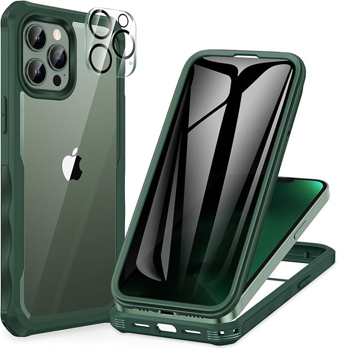 CENHUFO for iPhone 13 Pro Case, Privacy Phone Cover with Built-in Anti Peep Tempered Glass Privacy Screen Protector and Camera Protective, Full Body Shockproof Anti Spy Clear Double Bumper - Green