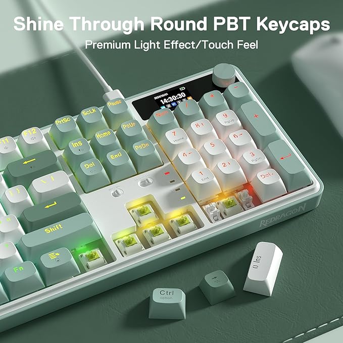 Redragon K761 Wireless Gasket Gaming Keyboard w/Hype Screen & Knob, 104 Keys Mechanical Keyboard, Easy-Control 1.26’’ TFT Info Display, 5-Layer Noise Dampening, Custom Linear Switch, Jade Cloud Color