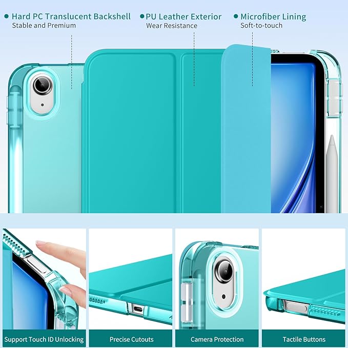 MoKo for iPad Air 11 inch Case (M4/M3/M2) 2026/2025/2024, iPad Air 5th/4th Gen 10.9 inch Case 2022/2020 with Pencil Holder, Slim Light Trifold Cover with Hard PC Translucent Back Shell, Bondi Blue