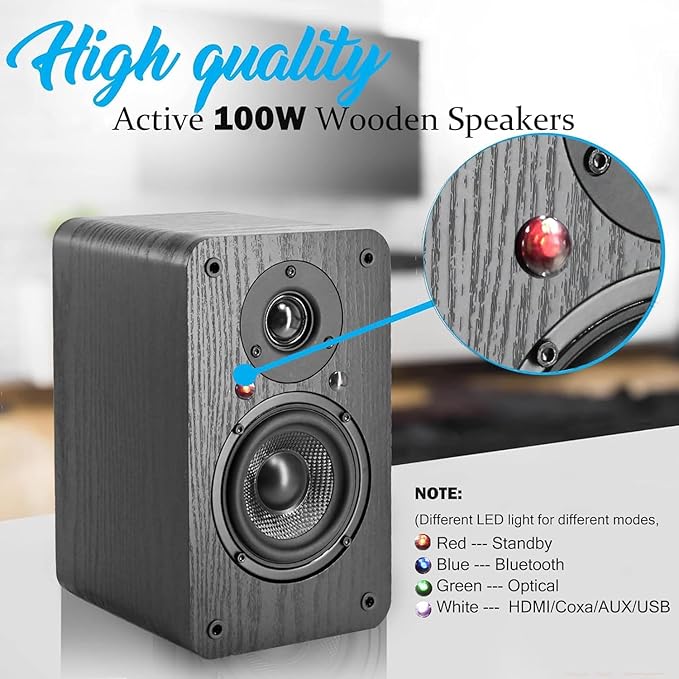 LONPOO Powered Bookshelf Speakers - Wireless 100W RMS Bluetooth with eARC - Powerful Home Music System - Home Theater Systems, Studio Monitors