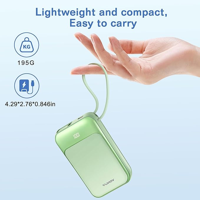 Magnetic Power Bank 10000mAh, Wireless Portable Charger with 15W Max Fast Charging & Built-in USB-C Cable, 22.5W PD LED Display Battery Pack Compatible with iPhone 17/16/15, Samsung Galaxy(green)