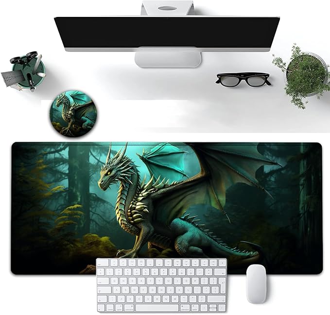 Large Mouse Pad, 31.5 x 11.8in Extended Gaming Mouse Pad with Stitched Edges, XXL Mousepad Protector Non Slip Rubber Base for Office and Home Writing Mat, Green Nature Dragon Pattern Black Desk Mat