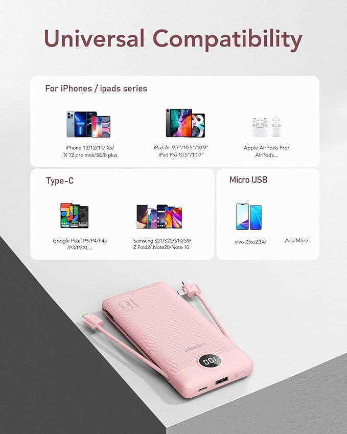 VEGER Portable Charger with Built-in AC Plug and Cables, All in One 10000mAh Ultra Slim Power Bank Travel Essentials, Fast Charging Battery Pack Compatible with iPhone, Samsung, Android (Crepe)