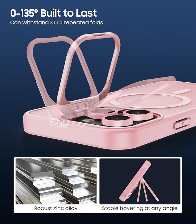 TOBOVON for iPhone 14 Pro Case, Compatible with MagSafe, Built-in Camera Ring Stand, with Individual Camera Cover, Translucent Matte Military-Grade Drop Protection Magnetic Case, Pink