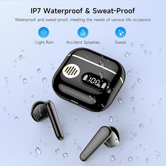 Wireless Earbuds Sport Bluetooth Headphones 48H Playtime with ENC Mic and Dual LED Display, IP7 Waterproof Running Headphones, Ceramic Black