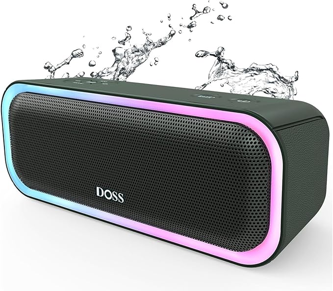 DOSS SoundBox Pro Bluetooth Speaker, 20W Stereo Sound, Active Extra Bass, 20H Playtime, Multi-Colors Lights, Wireless Stereo Pairing, IPX6 Waterproof for Garden, Hiking, Camping-Cypress Green