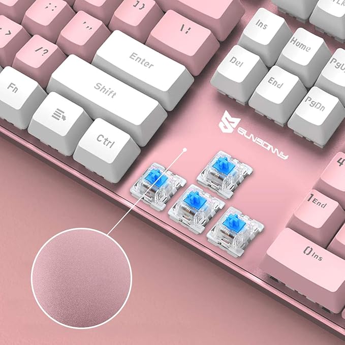 Merdia 104 Keys Full Size Mechanical Keyboard | Blue Switch, Pink & White Color 104 Keys US Layout Led Backlit Hot Swappable Wired Mechanical Light Up Pink Keyboard | Wired Gaming Computer Keyboards