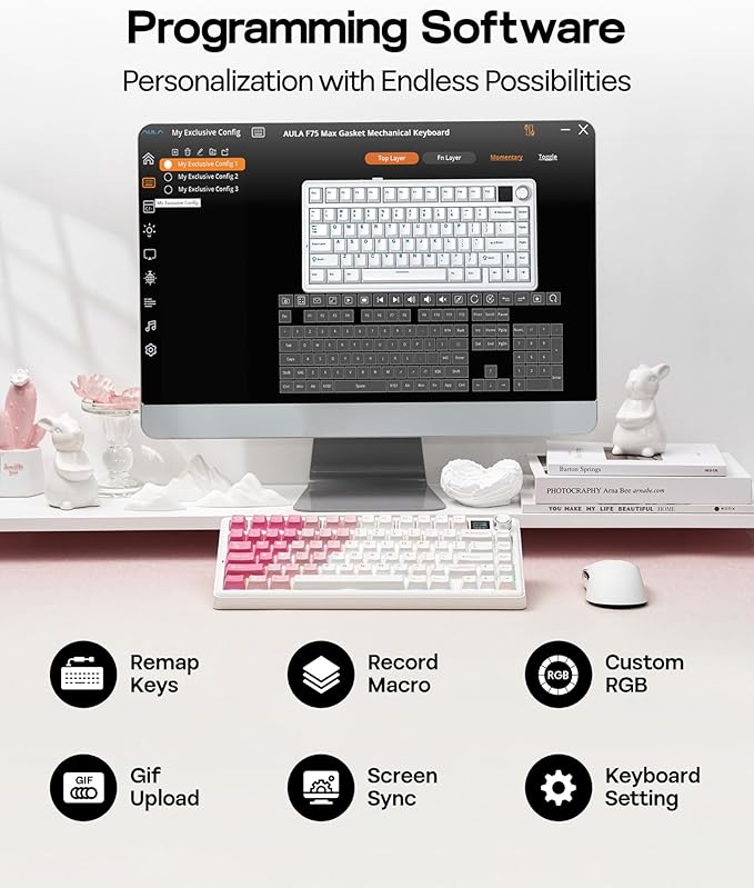 EPOMAKER X Aula F75 MAX Wireless Mechanical Keyboard with TFT Screen and Knob, Gasket Keyboard in 75% Layout, Hot Swappable Gaming Keyboard for PC/Mac/Linux (White Pink)