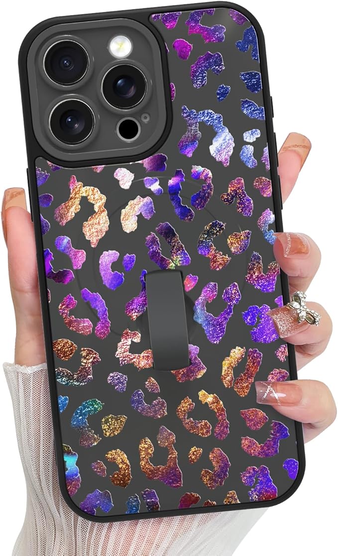 KANGHAR Compatible with iPhone 15 Pro Case, Support for MagSafe, Silicone Cute Iridescent Leopard Cheetah Pattern, Wristband Kickstand Shockproof Protective Slim Cover for Women Girls, Black