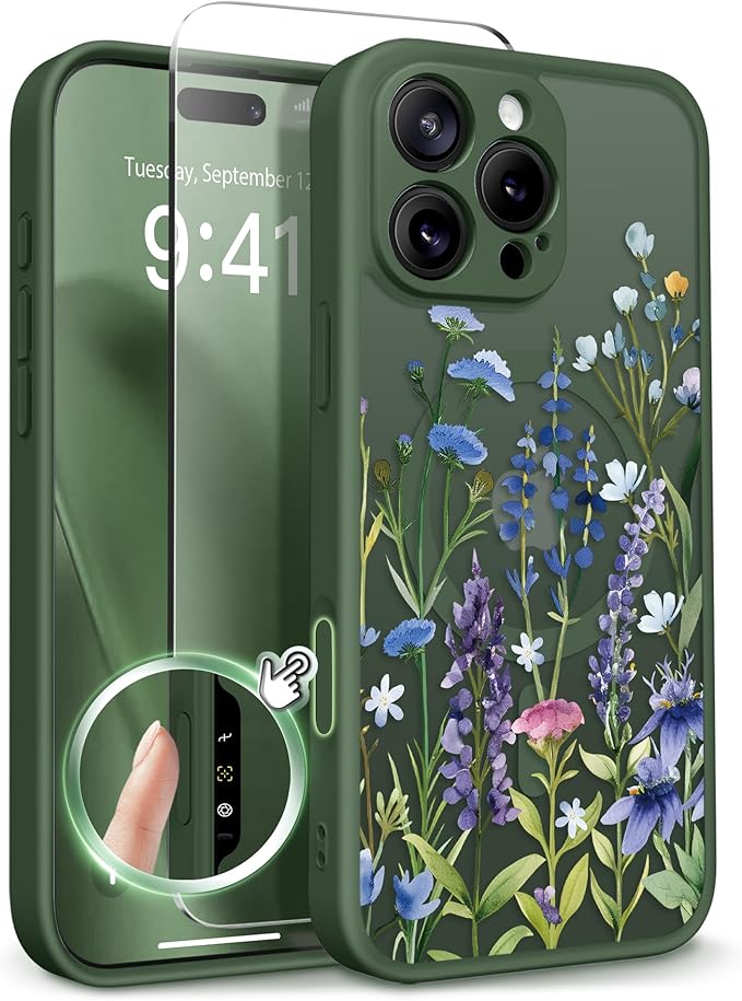 GVIEWIN for iPhone 16 Pro Case Compatible with MagSafe, [Military Grade Protection] [Screen Protector] Full Camera Protection Floral Translucent Women Magnetic Phone Case, Sweet Posy/Forest Green