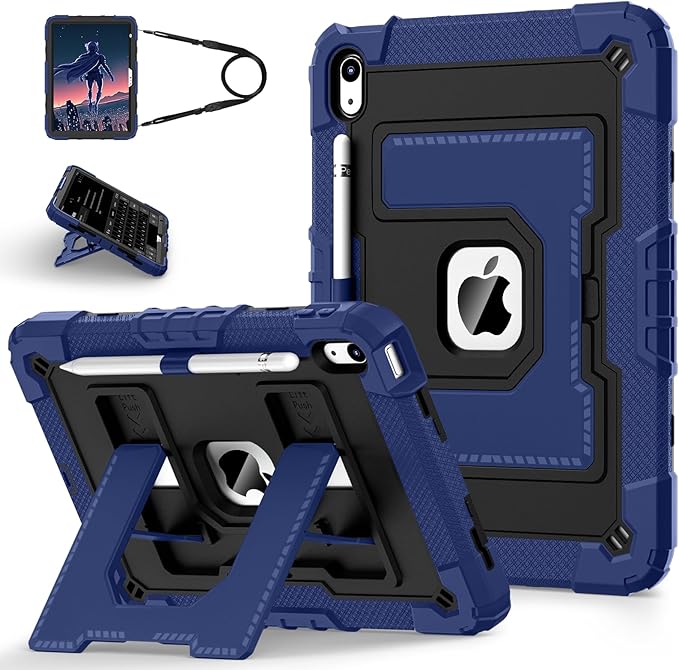 for iPad (A16) 11th 11 Inch/10th Generation 10.9 Inch 2025/2022 iPad Case 10th Generation with Shoulder Strap/Pencil Holder,Shockproof Cover for i Pad 11th/10th,Navy Black
