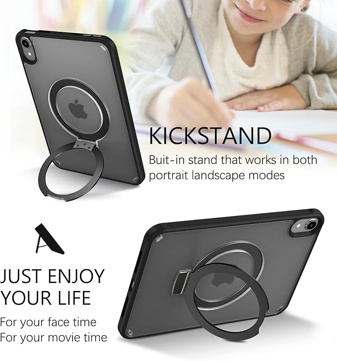 GUAGUA for iPad Mini 7 Case 2024 (A17 Pro), iPad Mini 7th/6th Generation Case with Stand(2024/2021) 8.3'' Translucent Matte Back Slim Shockproof Protective Kickstand Case for iPad Mini 7th/ 6th, Black