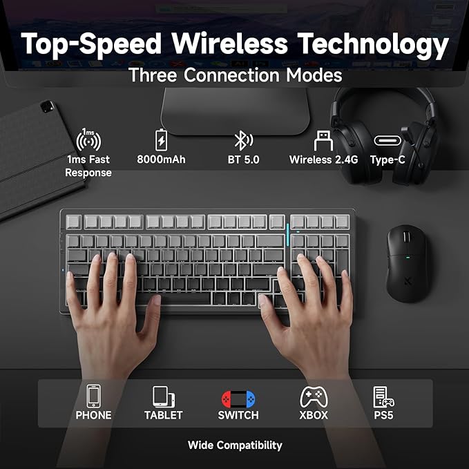 MCHOSE G98 PRO Wireless Mechanical Keyboard, Tri-Mode Connection Gaming Keyboard, Hot Swappable Custom Gasket Structure Pre-lubed Linear Switches Double Shot PBT Keycaps RGB LED Backlit Gradient Black