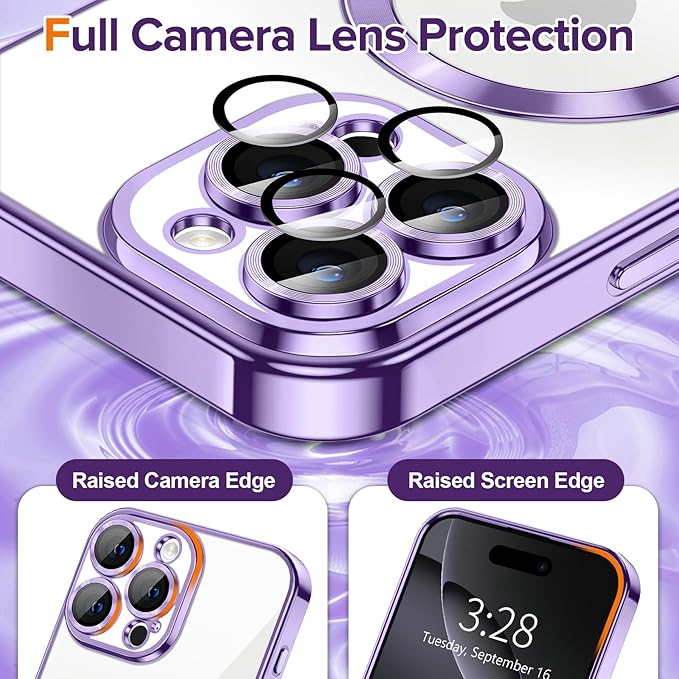 Hython Magnetic Clear for iPhone 16 Pro Case with Camera Lens Protector [Compatible with MagSafe] Luxury Plating Edge Slim Soft TPU Cover Protective Phone Case for iPhone 16 Pro 6.3", Light Purple