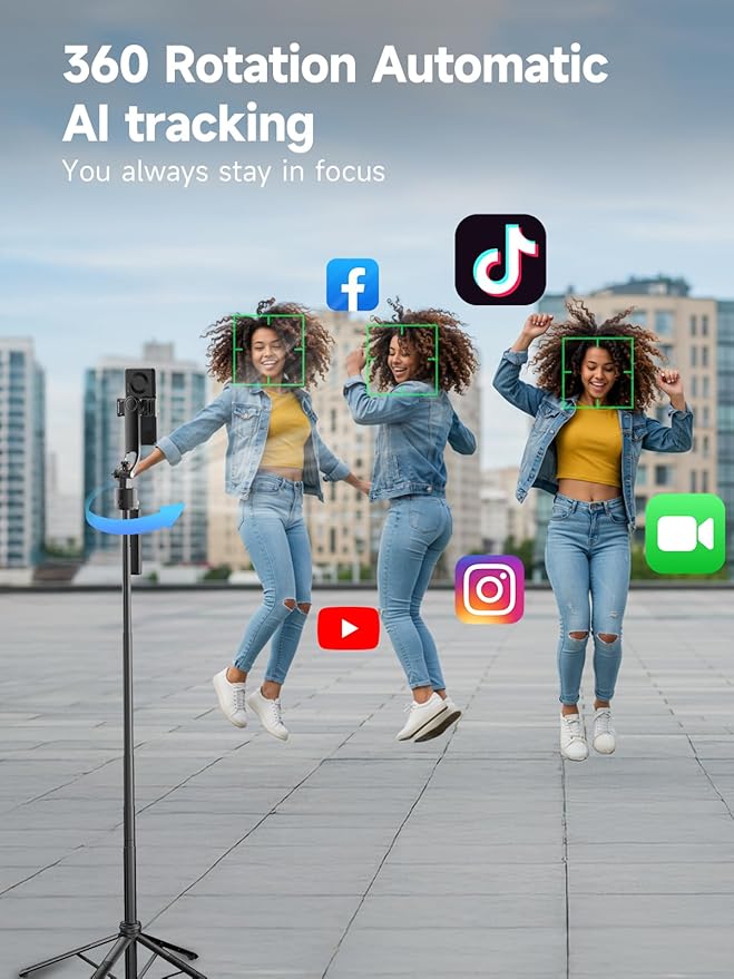 Rollei Auto Face Tracking Tripod, Smartphone Gimbal Stabilizer 64'' Selfie Stick Tripod Holder 360° Rotation for iPhone/Android Stand for Filming Streaming Tiktok Video Vlog