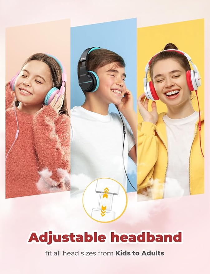 iClever HS19 Kids Headphones with Microphone, 74/85dBA Volume Limiter - Shareport - Over Ear Stereo Headphones for Kids Boys Girls, Foldable 3.5mm Jack Wired Headphone for iPad/School/Travel, White