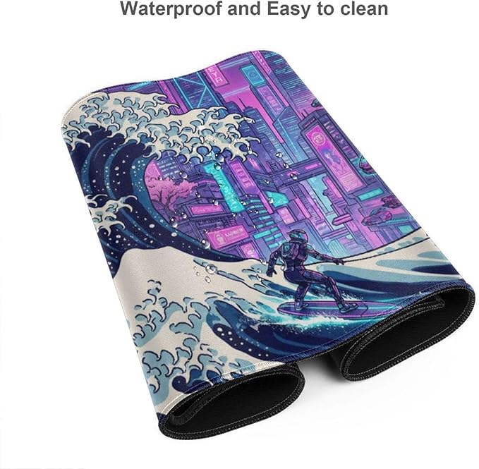 AQQA Cyberpunk Great Wave Gaming Mouse Pad - Japanese Aesthetic Large Desk Mat - XXL Extended Mousepad for Gamers, Neon Retro Wave City Art, Water-Resistant Non-Slip Rubber Base, 31.5"x15.7"