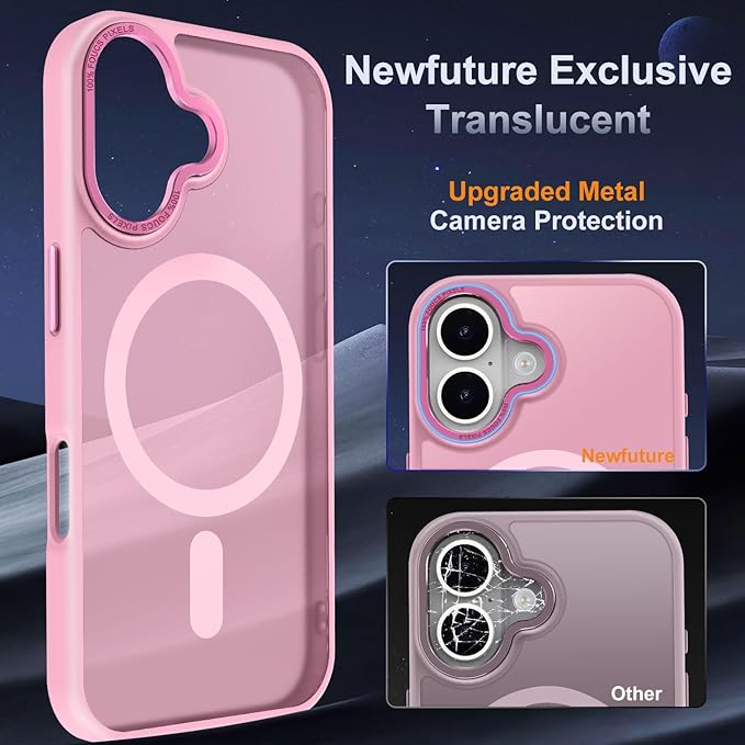 Newfuture Designed for iPhone 16 Case with Magnetic [13 FT Military Drop Protection] [Compatible with Magsafe] Slim Translucent Matte Shockproof with Anti-Fingerprint Phone Case, Chalk Pink