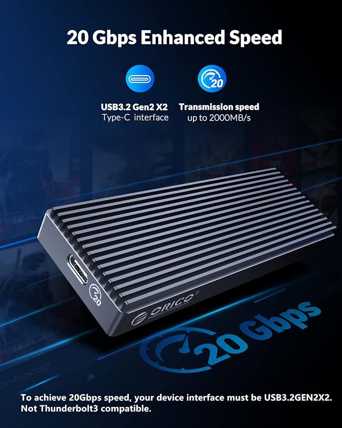 ORICO 20Gbps M.2 NVMe SSD Enclosure Adapter,USB3.2 Gen2 Type-C to NVMe PCI-E M-Key Solid State Drive Aluminum External Case for SSD Size 2230/2242/2260/2280, up to 4TB（M2PAC3-G20, Grey）
