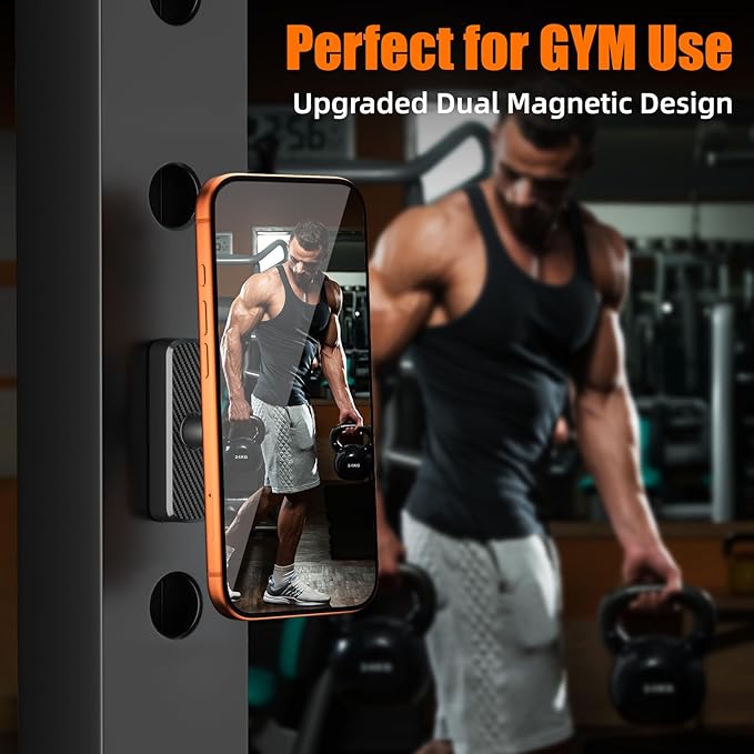 Dual Magnetic Phone Holder for Gym, Workout, Kitchen or Any Metal Surface, Magnet Base Mount & Power Magnet Phone Mount for MagSafe iPhone 17 16 15 14 13 12 Series