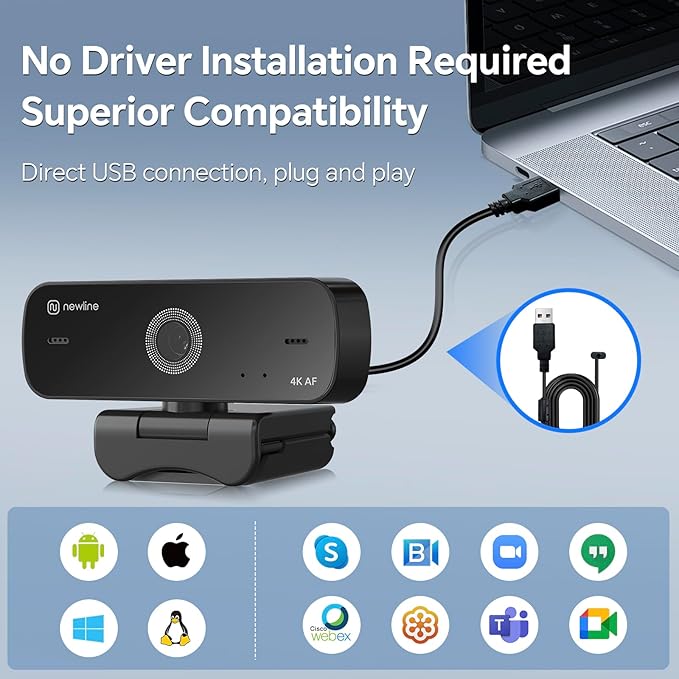 4K Webcam for PC with Dual Microphones, Autofocus USB Camera with Privacy Cover and Auto Light Correction, Plug and Play for Laptop, Mac, Zoom, Teams, Video Calls and Streaming