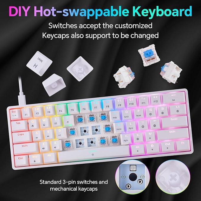 Mechanical 60% Keyboard RGB 1680M Color Backlit Compact Mini 61 Key Blue Switch Portable Keypad Compatible with Windows iMac Laptop PC Computer Office Gamer(White)