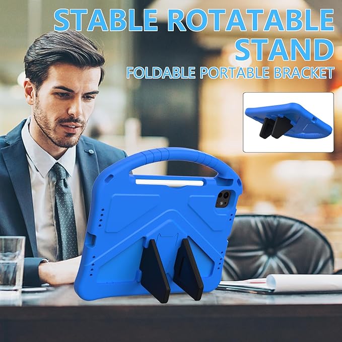 Kids Case for iPad Pro 11-inch (M5) 2025/(M4) 2024, Air 11" 2026 M4/M3/M2 Case with Pencil Holder, Techcircle Lightweight Shockproof EVA Foam Handle Stand Anti-Slip Grip Rugged Cover, Blue