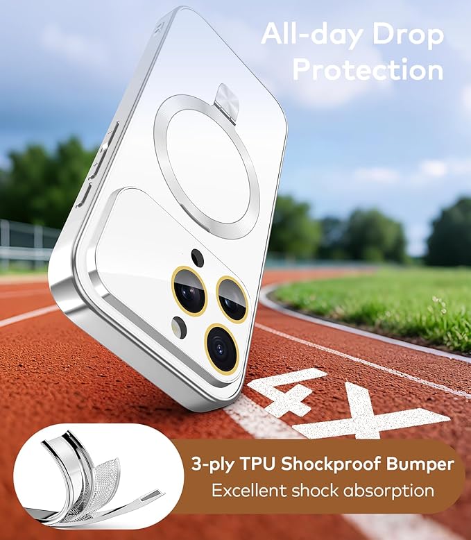 TOBOVON Magnetic for iPhone 16 Pro Max Case with Ring Stand, Fits MagSafe, with Built-in Camera Lens Protector, Slim Electroplated Shockproof Phone Cover, Silver