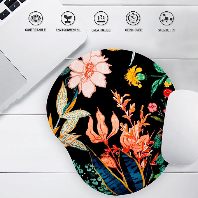 Ergonomic Mouse Pad with Wrist Support Cute Mouse Pads with Wrist Rest,Comfortable Mouse Pad for Home Office Gaming Working Computers Laptop Pain Relief with Non-Slip PU Base (Black Flower)