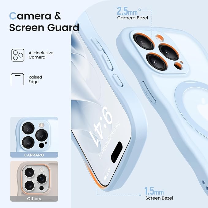 CAPRARO for iPhone 14 Pro Max Case with 360° Spin Magnetic Stand for Women, [Compatible with MagSafe] [Full Camera Protection] Cute Wave Translucent Matte Case for iPhone 14 Pro Max, Light Blue