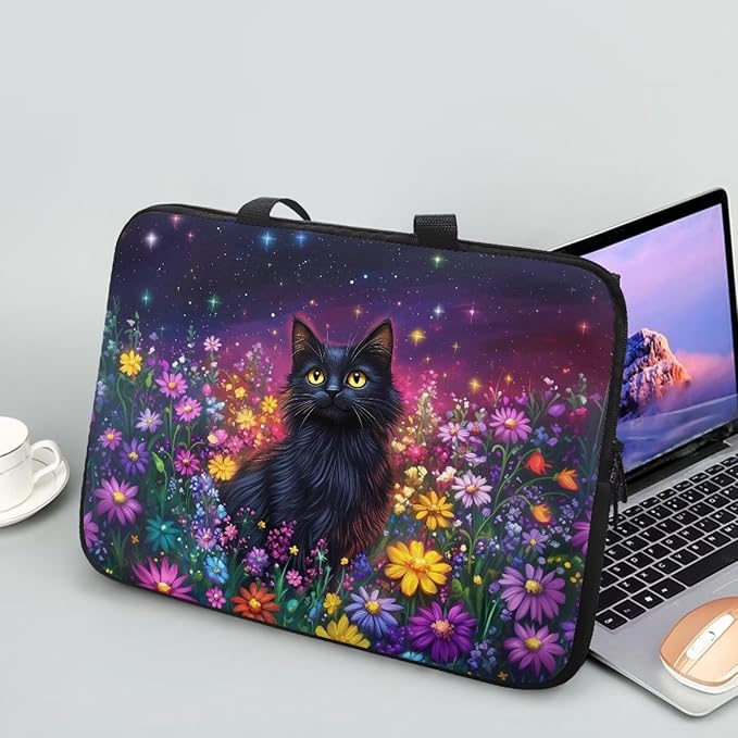 Galaxy Floral Laptop Handle Bag for Women 15 Inch Computer Protect Case Pouch Holder Black Cat Notebook Sleeve Neoprene Cover Soft Carrying Travel for 10-17 Inch Chromebook