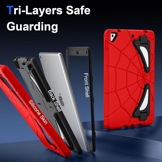 Case for iPad 6th/5th Generation 9.7 Inch 2018/2017, Rugged Full-Body Heavy Duty Soft Silicone Cute Protective Case Kids Boys Girls Cover with Handle Stand for iPad Air 2/Pro 9.7 - Red+Black