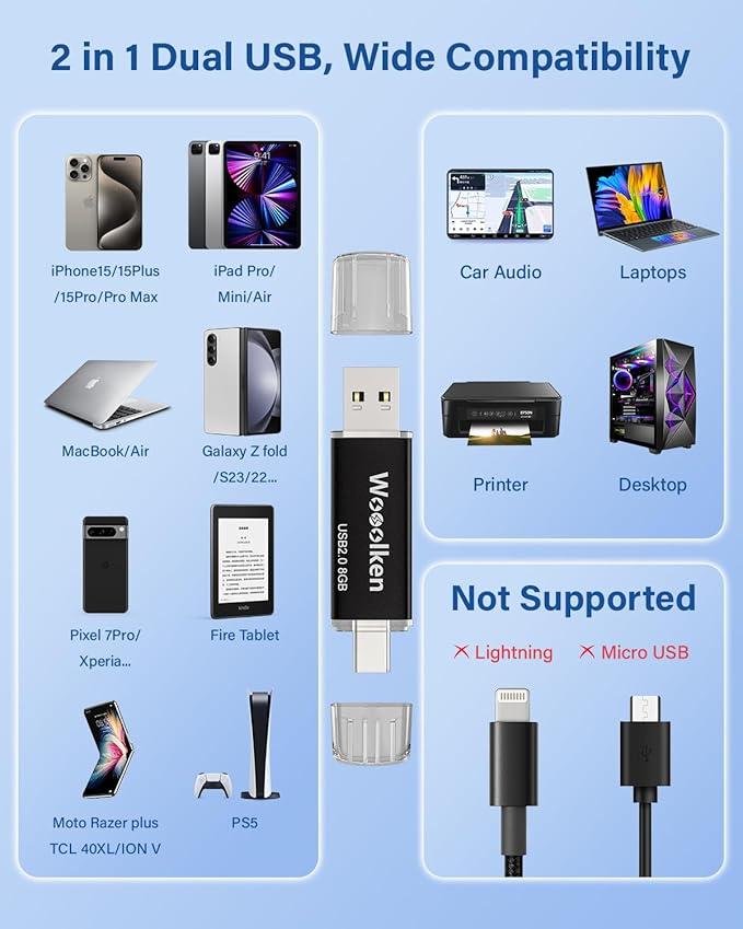 USB C Flash Drive 8GB 10 Pack, Wooolken Type-C Flash Drive + USB 2.0 Thumb Drive OTG Memory Stick Compatible with iPhone 16/15, Android Smartphone/Tablets/Computers