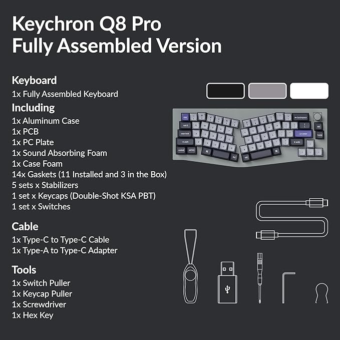 Keychron Q8 Pro Full-Metal Wireless Custom Mechanical Keyboard, 65% Alice Layout Bluetooth/Wired, QMK/VIA, Hot Swappable, 1000 Hz Polling Rate, RGB Backlit for Mac Windows Linux-Grey
