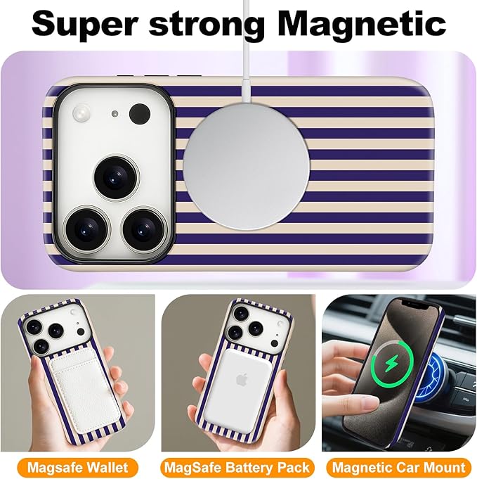 Magnetic for iPhone 17 Pro Max Case Cute Stripes Phone Case, Shockproof Slim TPU and Hard PC Protective Phone Cover Compatible with MagSafe Designed for Women Girls, Deep Purple