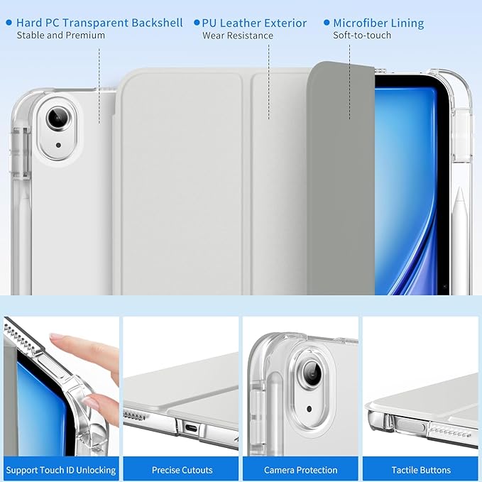 MoKo for iPad Air 11 inch Case (M4/M3/M2) 2026/2025/2024, iPad Air 5th/4th Gen 10.9 inch Case 2022/2020 with Pencil Holder, Slim Light Trifold Cover with Hard PC Translucent Back Shell, Light Gray