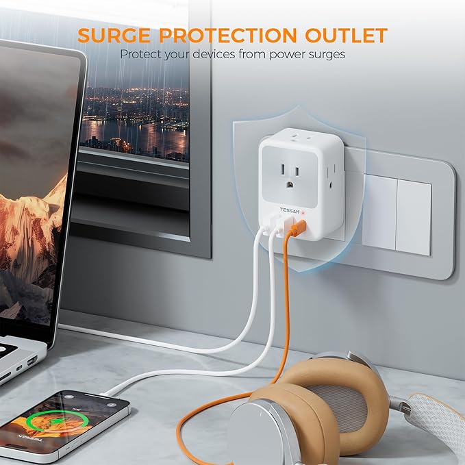 TESSAN Surge Protector Wall Outlet Extender, Multi Plug Outlet Splitter with 3 USB Charging Blocks(1 USB C), Multi Plug Wall Charger for Home, Office, School, College Dorm Essentials, Grey