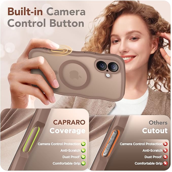 CAPRARO for iPhone 16 Case for Women Girls, Upgraded [Full Camera Protection] [Compatible with MagSafe] Cute Wave Translucent Matte Phone Case for iPhone 16, Brown