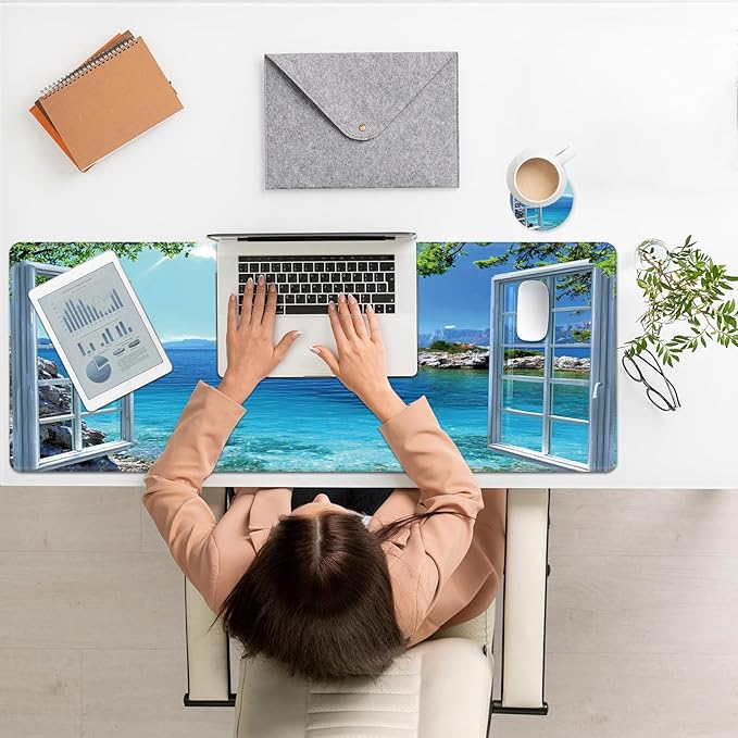 Large Mouse Pad, Desk Mat, XL Gaming Keyboard Mat, Non-Slip Rubber Base, Full Extended Mousepad for Gaming Office Home, 31.5 X 11.8 Inch, Seaside Scene