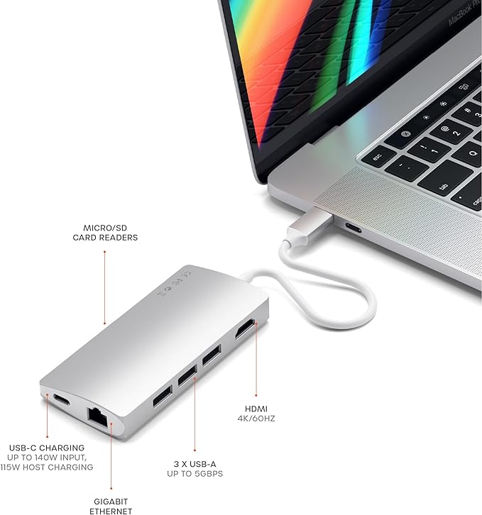 Satechi 8 in 1 USB C Hub Multiport Adapter V2, 4K HDMI, 115W USB C PD Charging, 3 USB-A, Ethernet, Micro/SD Card Readers, for Laptop, MacBook Air/Pro/Neo, iPad Air/Pro, Windows - Silver