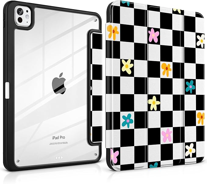 Case for iPad Pro 11 inch (M5) 2025 (M4) 2024 Release Slim Lightweight Cute Black Leather Cover with Clear Back TPU Edge Pencil Holder Trifold Stand, Grid