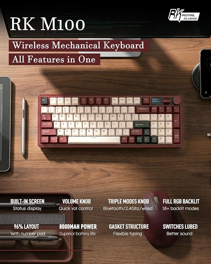 RK ROYAL KLUDGE M100 Wireless Mechanical Keyboard w/Screen & Dual Knobs, Tri-Mode Gasket Mount Gaming Keyboard with Number Pad, Hot Swappable Cream Switch, Red