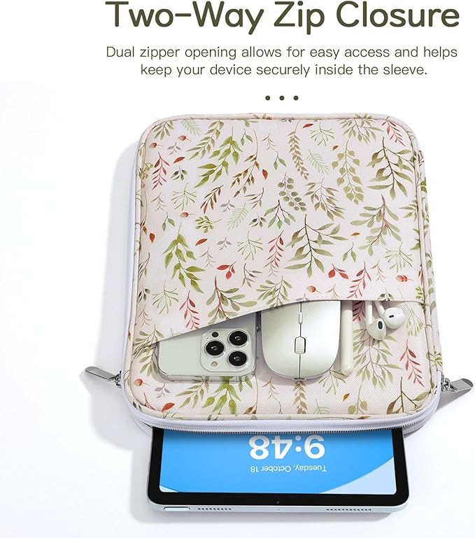 Dadanism 9-11" Tablet Sleeve Bag Carrying Case for iPad (A16) 11th Gen 11", iPad 10th Gen 10.9" Air 5/4, iPad Air M4/Pro 11", iPad 9/8/7th, Galaxy Tab A11+ Plus 11", Remarkable 2 10.3",Beige Leaf