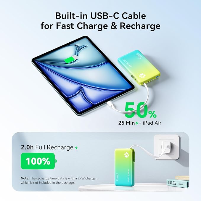INIU Portable Charger, 45W PD Slim 10000mAh Power Bank with Built-in USB-C, Camping Outdoor Travel Business, for Women Men Students Family Emergency