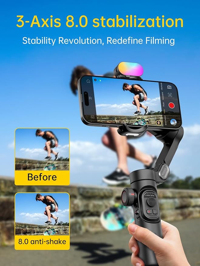 AOCHUAN 3-Axis Gimbal Stabilizer for iPhone Gimbal with RGB Magnetic Fill Light Upgraded Face Tracking Focus Wheel Foldable Smartphone for iPhone/Android Phone Stabilizer Vlog Recording Smart XE Kit