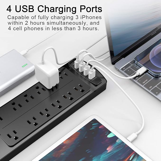 Power Strip Surge Protector - ALESTOR 10 Feet Extension Cord (1875W/15A) with 12 Outlets and 4 USB Ports, 2700 Joules, for Home, School, College Dorm Room, and Office, ETL Listed, Black