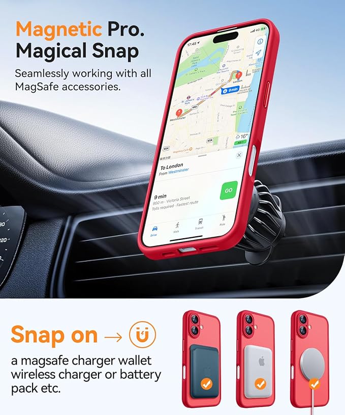 CANSHN Magnetic for iPhone 16 Plus Case, Upgraded [Full Camera Protection] [Compatible with Magsafe] [Translucent Matte] Shockproof Protective Phone Case for iPhone 16 Plus - Red